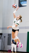 Port Washington High School’s Sierra Hoeft served during the Pirate Invite on Sept. 27.